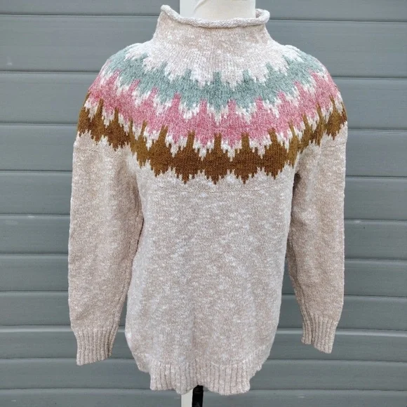 LL Bean Cotton Ragg Nordic Fair Isle Ski Funnel size Large - Picture 1 of 7